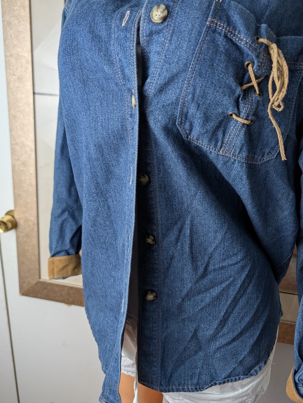 Koret Blue Women Denim Shirt Jacket with Tan Corduroy Collar Size M - Picture 2 of 7